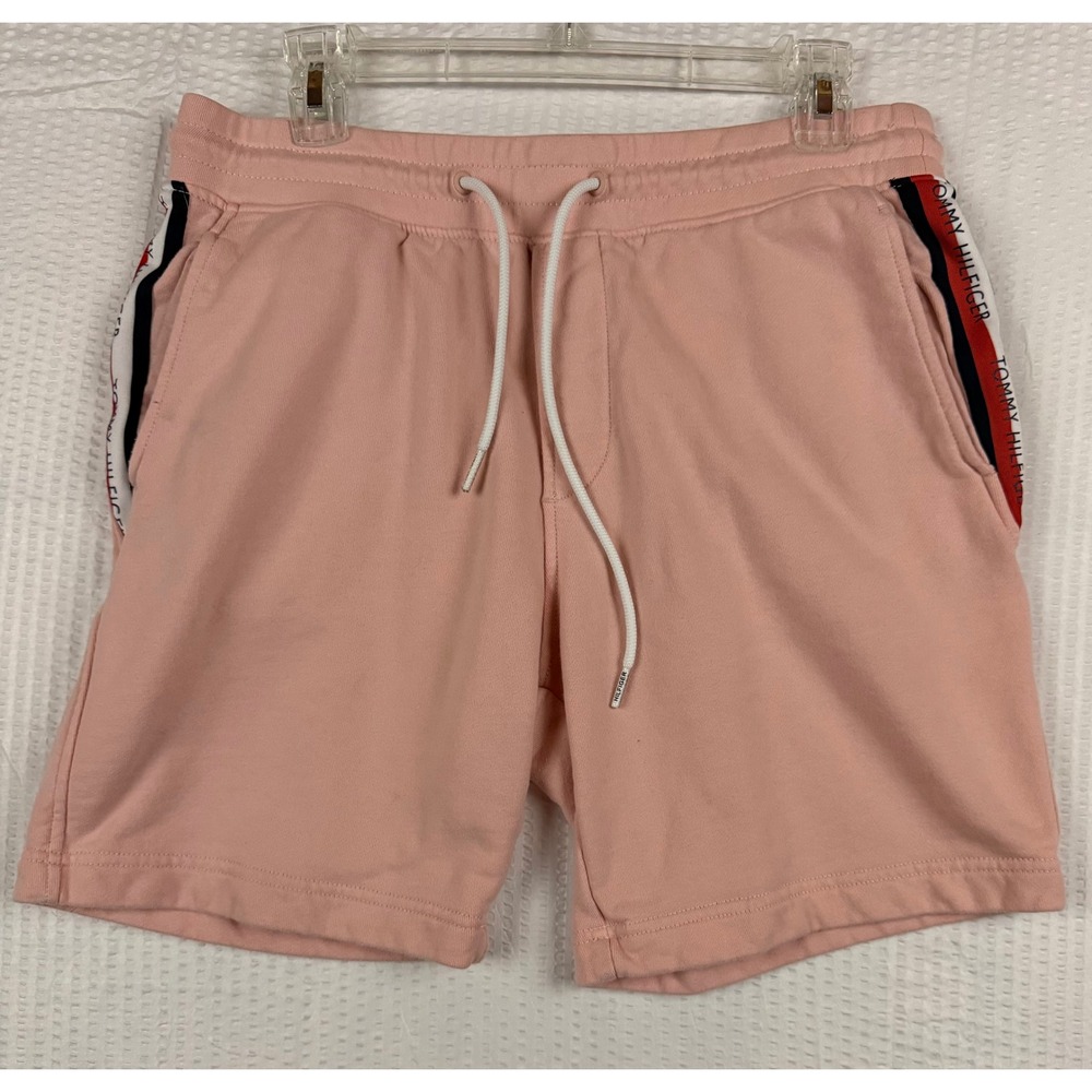 Tommy Hilfiger Mens Pink Logo Tape Sweat Shorts Size M Cotton French Terry